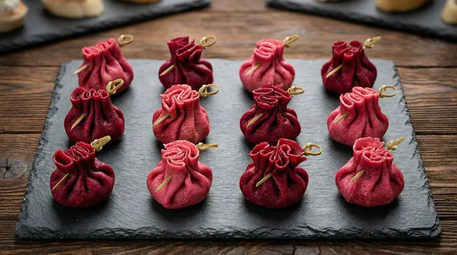 Свекольный блинный мешочек с курицей и грибами