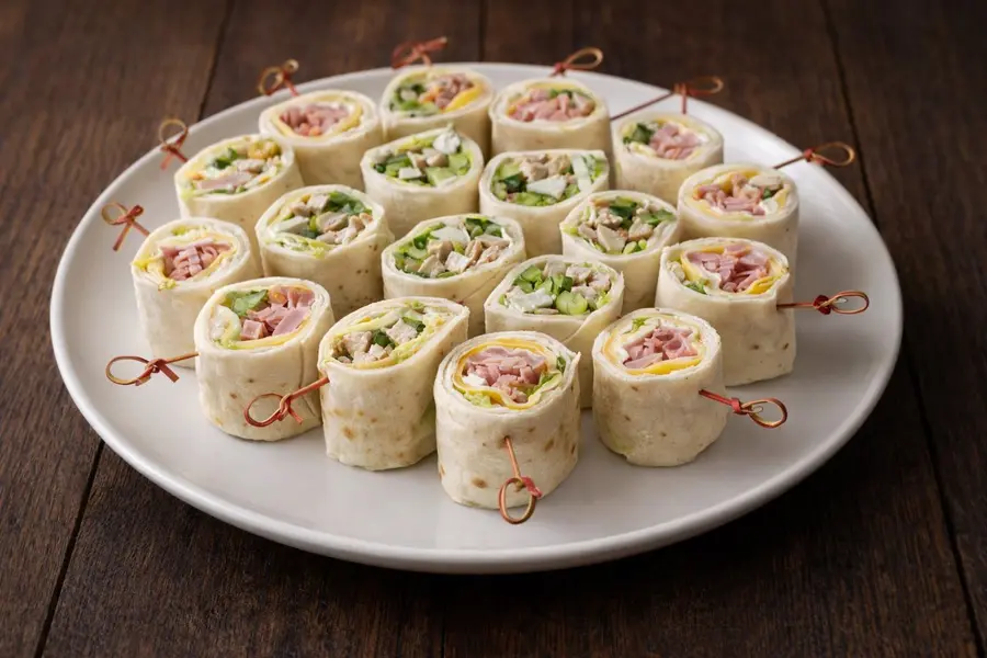Рулле дуэт. Ассорти рулле с куриной грудкой, овощами и со слайсами ветчины и сыра с пряным сыром